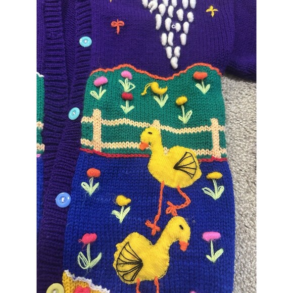 Vintage Handmade Purple Folk Art Cardigan Sun Rain Llama Birds Embroidery XS/S - Picture 3 of 5